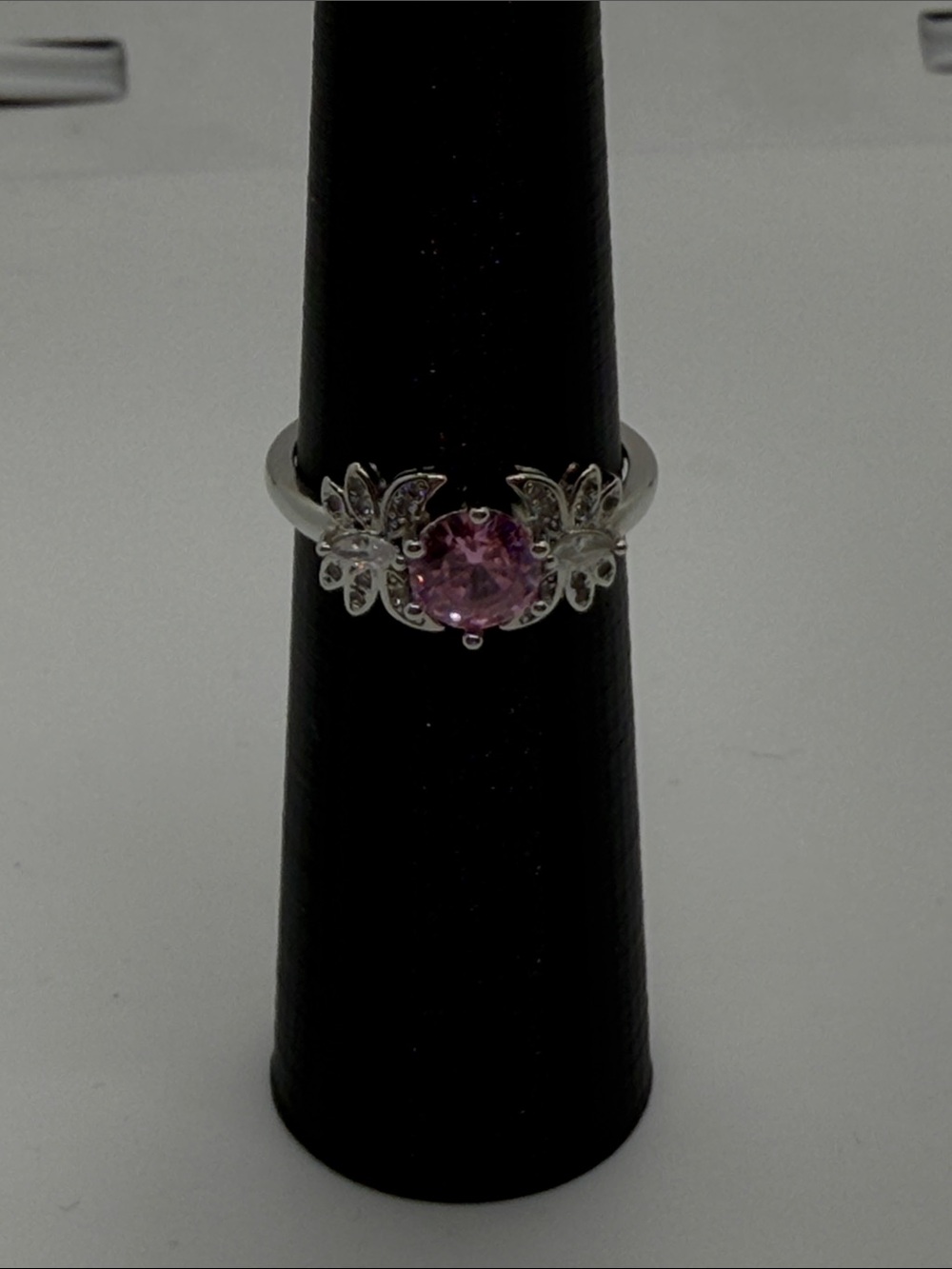 Women's Silver Ring with Pink Center Stone and Floral Accents size 9